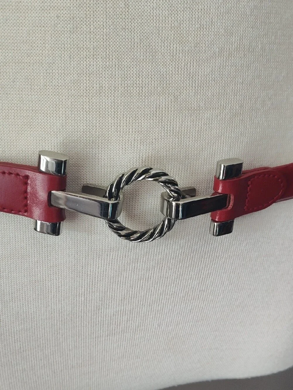 Red Adjustable Genuine Leather Belt with Silver Twisted Ring Buckle
